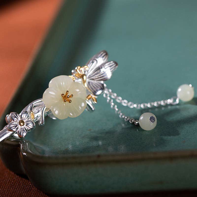 Épingle à cheveux chinoise en argent sterling 925 avec fleur de jade blanc Hetian et bénédiction