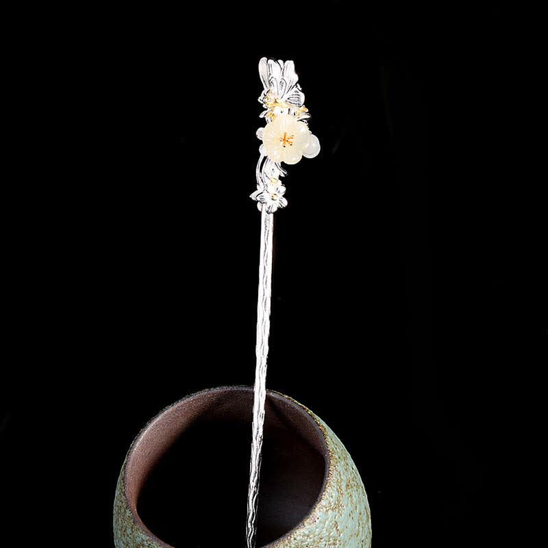 Épingle à cheveux chinoise en argent sterling 925 avec fleur de jade blanc Hetian et bénédiction