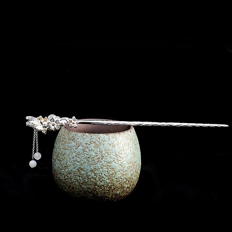 Épingle à cheveux chinoise en argent sterling 925 avec fleur de jade blanc Hetian et bénédiction