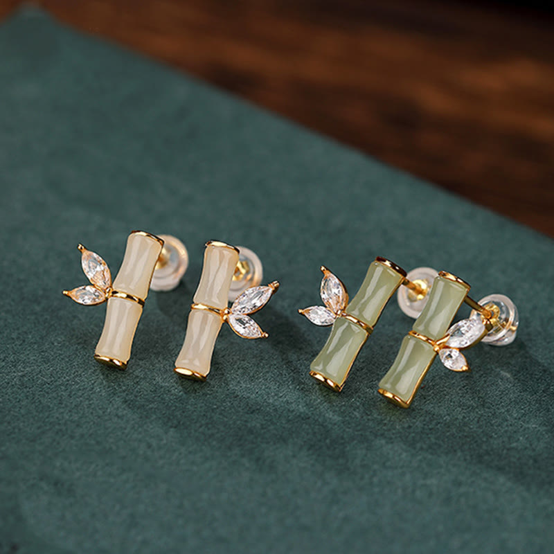Boucles d'oreilles à tige en argent sterling 925 et jade bambou porte-bonheur