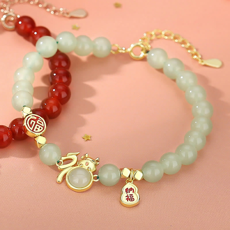 Bracelet en argent sterling 925 et jade avec gourde porte-bonheur Fu - Année du Dragon