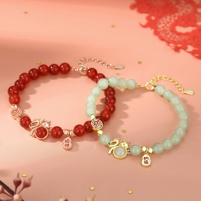 Bracelet en argent sterling 925 et jade avec gourde porte-bonheur Fu - Année du Dragon