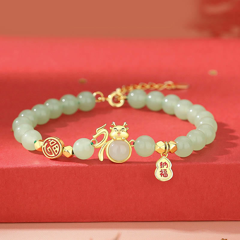 Bracelet en argent sterling 925 et jade avec gourde porte-bonheur Fu - Année du Dragon