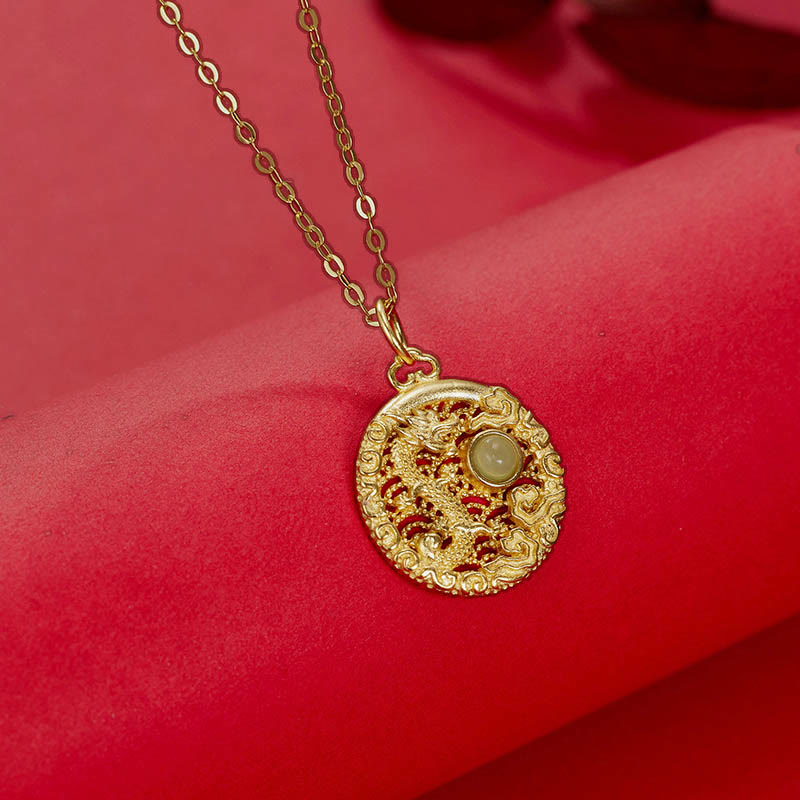 Collier dragon en argent sterling 925 et jade avec nuages ​​de bon augure pour la protection