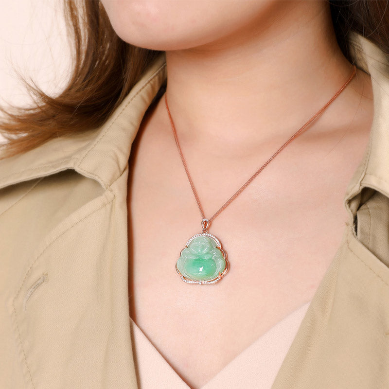 Collier de prospérité en argent sterling 925 et jade avec Bouddha rieur