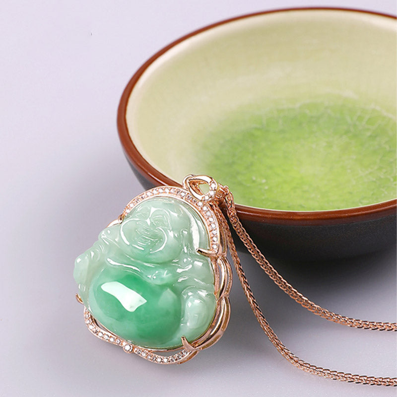 Collier de prospérité en argent sterling 925 et jade avec Bouddha rieur