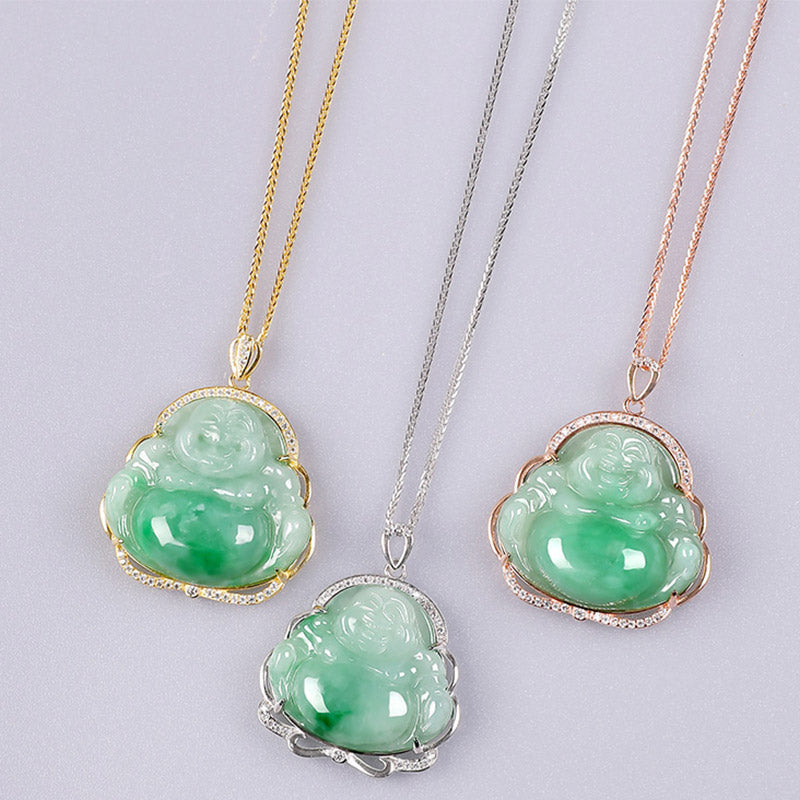 Collier de prospérité en argent sterling 925 et jade avec Bouddha rieur