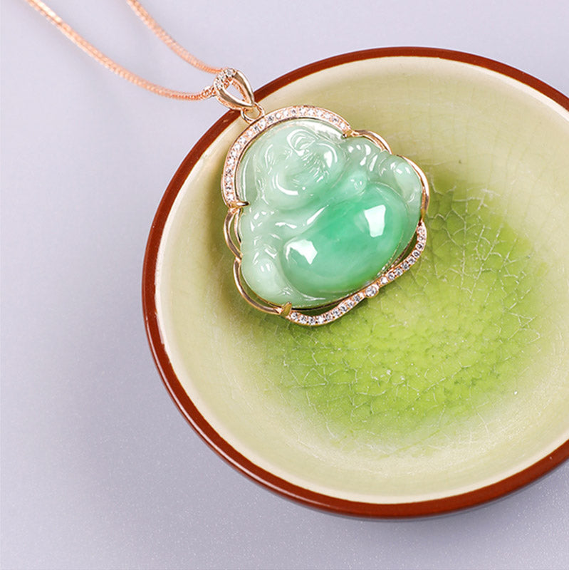 Collier de prospérité en argent sterling 925 et jade avec Bouddha rieur