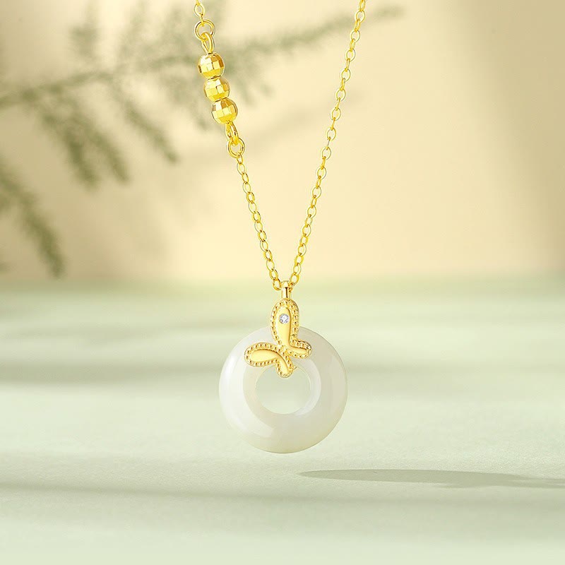 Collier en argent sterling 925 et jade avec pendentif feuille de ginkgo et papillon Harmony