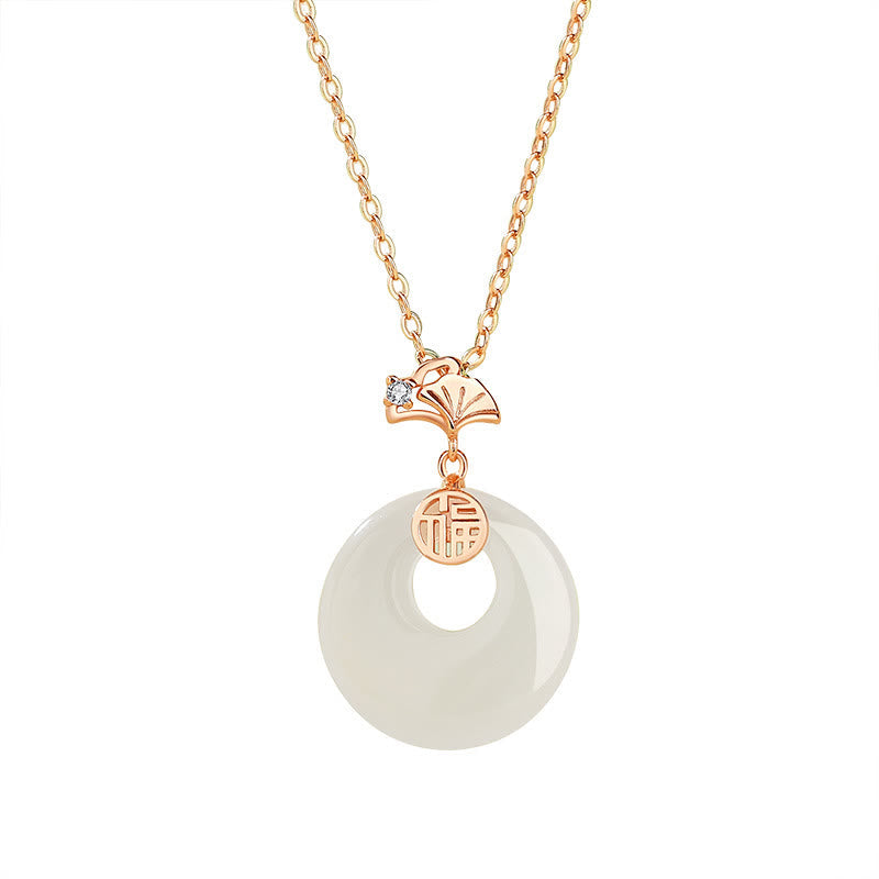 Collier en argent sterling 925 et jade avec pendentif feuille de ginkgo et papillon Harmony