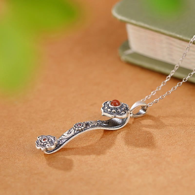 Collier en argent sterling 925 et jade avec poignée Ruyi pour bénédictions