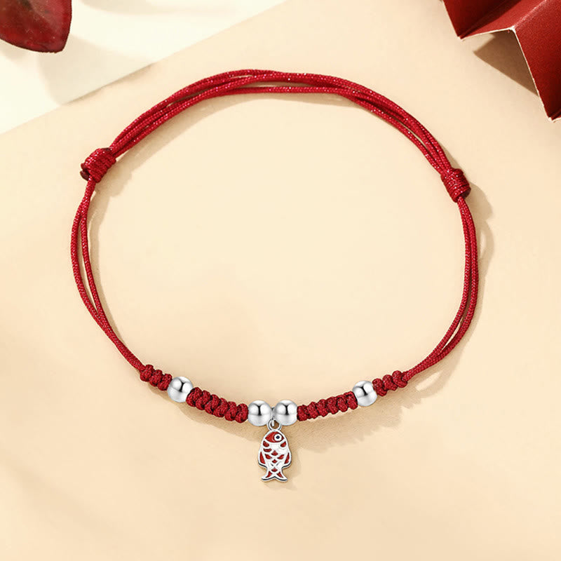 Bracelet porte-bonheur en argent sterling 925, motif poisson koï, en corde rouge tressée