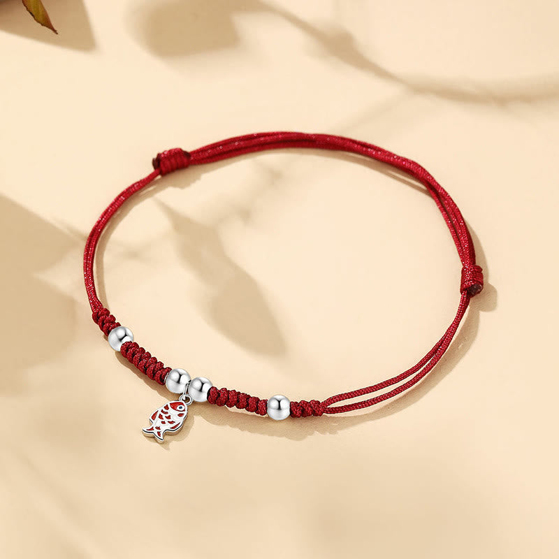 Bracelet porte-bonheur en argent sterling 925, motif poisson koï, en corde rouge tressée