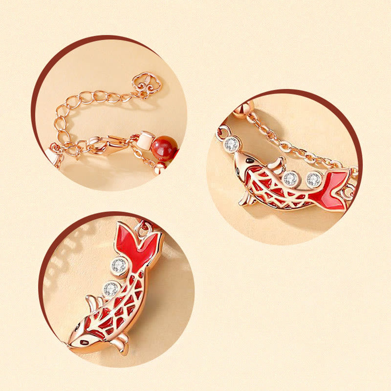 Bracelet de prospérité en argent sterling 925 avec double chaîne et motif poisson koï