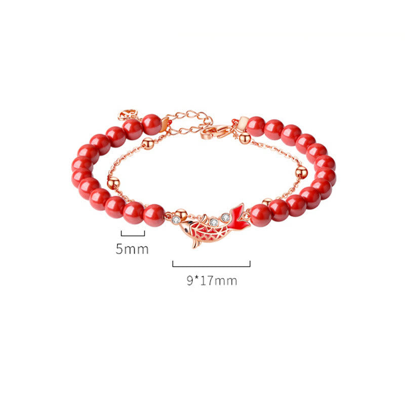 Bracelet de prospérité en argent sterling 925 avec double chaîne et motif poisson koï