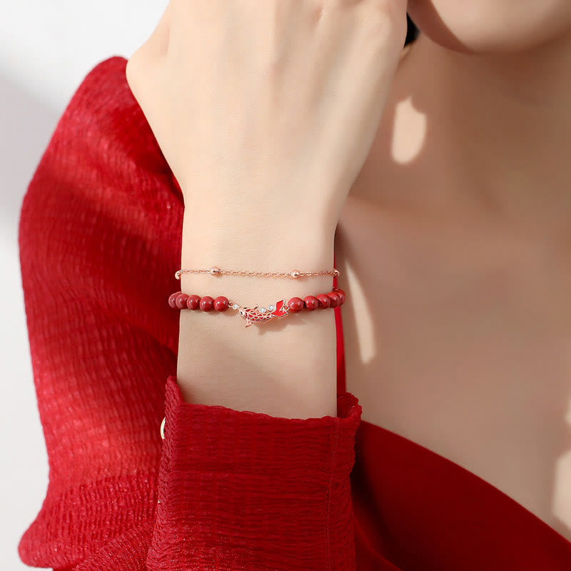 Bracelet de prospérité en argent sterling 925 avec double chaîne et motif poisson koï