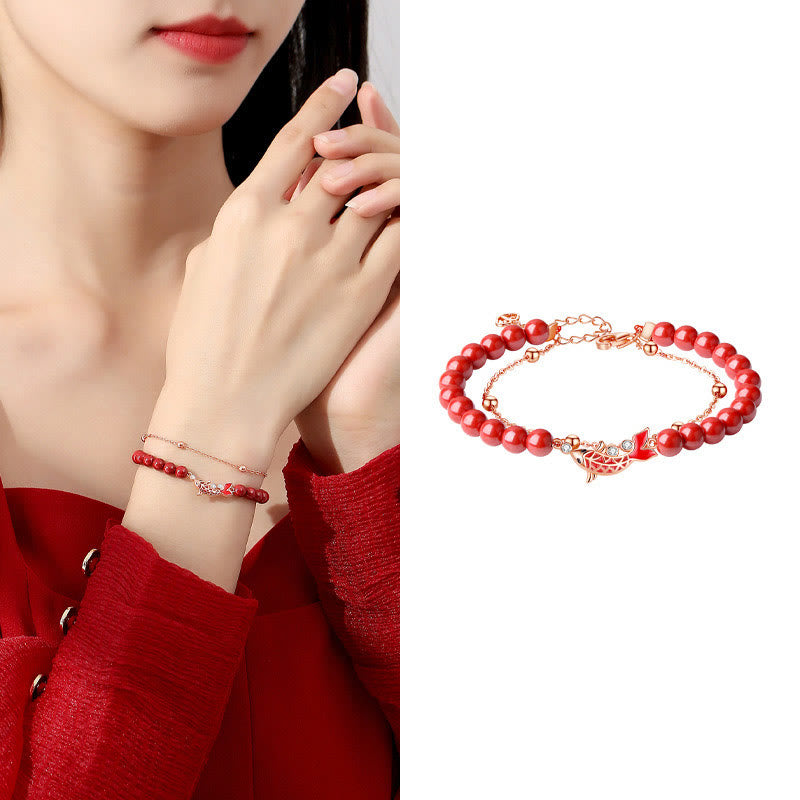 Bracelet de prospérité en argent sterling 925 avec double chaîne et motif poisson koï