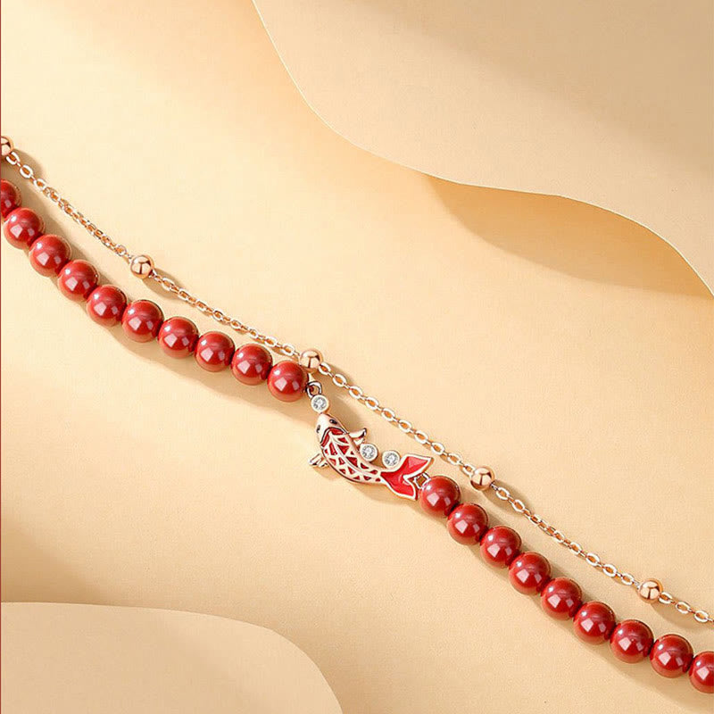 Bracelet de prospérité en argent sterling 925 avec double chaîne et motif poisson koï