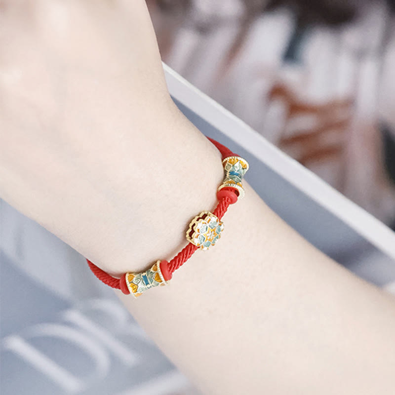 Bracelet tambour lotus en argent sterling 925 avec corde rouge | Nouveaux départs