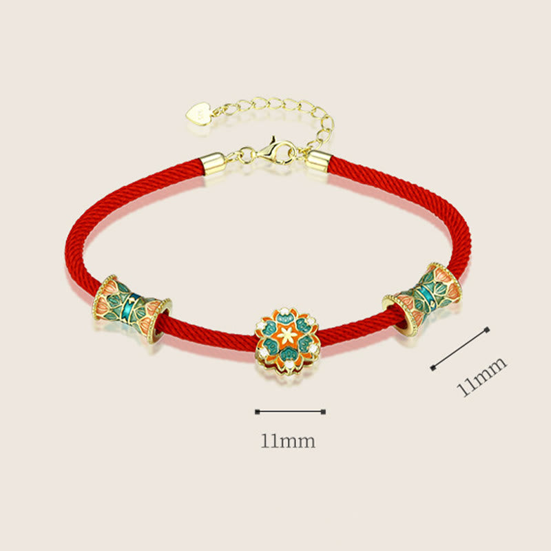 Bracelet tambour lotus en argent sterling 925 avec corde rouge | Nouveaux départs