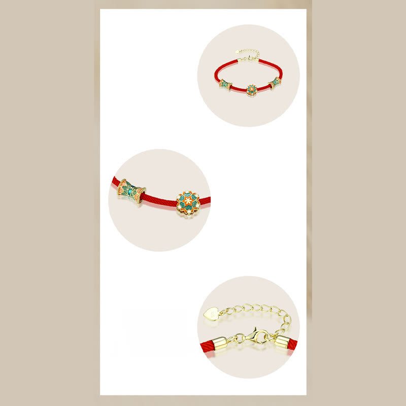 Bracelet tambour lotus en argent sterling 925 avec corde rouge | Nouveaux départs