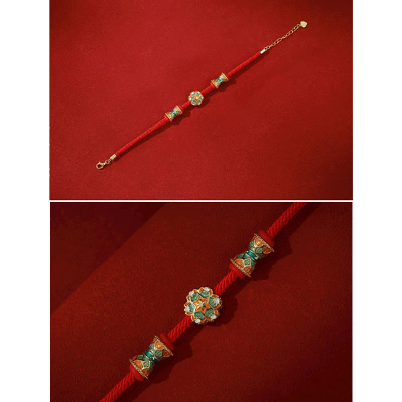 Bracelet tambour lotus en argent sterling 925 avec corde rouge | Nouveaux départs