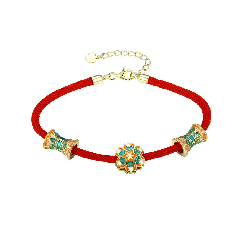 Bracelet tambour lotus en argent sterling 925 avec corde rouge | Nouveaux départs