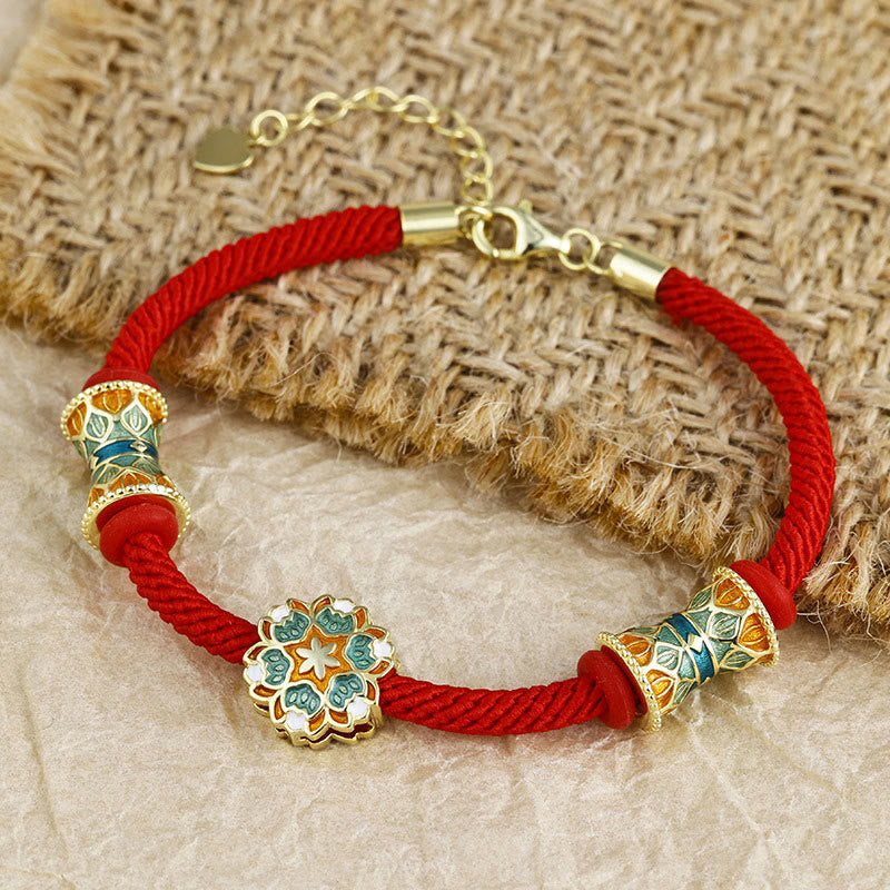 Bracelet tambour lotus en argent sterling 925 avec corde rouge | Nouveaux départs