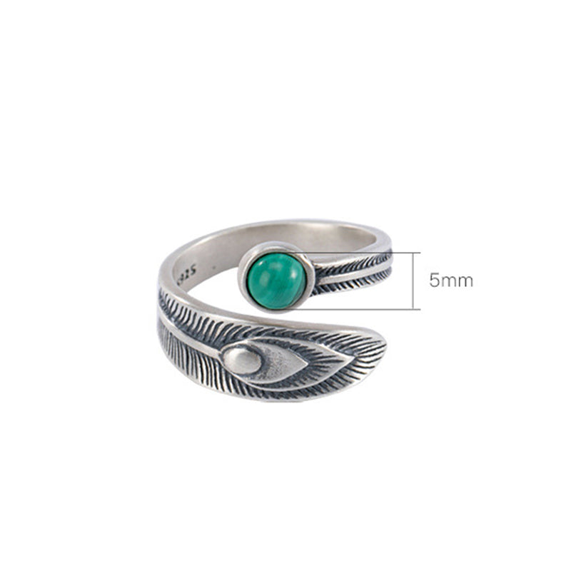 Bague de protection en argent sterling 925 avec motif de plumes et malachite