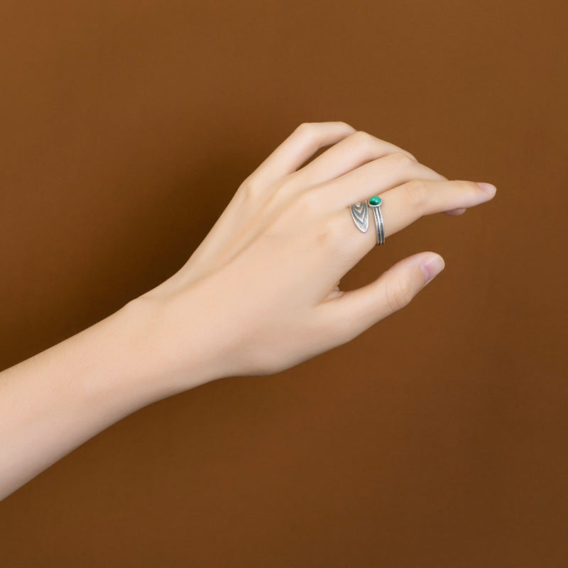 Bague de protection en argent sterling 925 avec motif de plumes et malachite