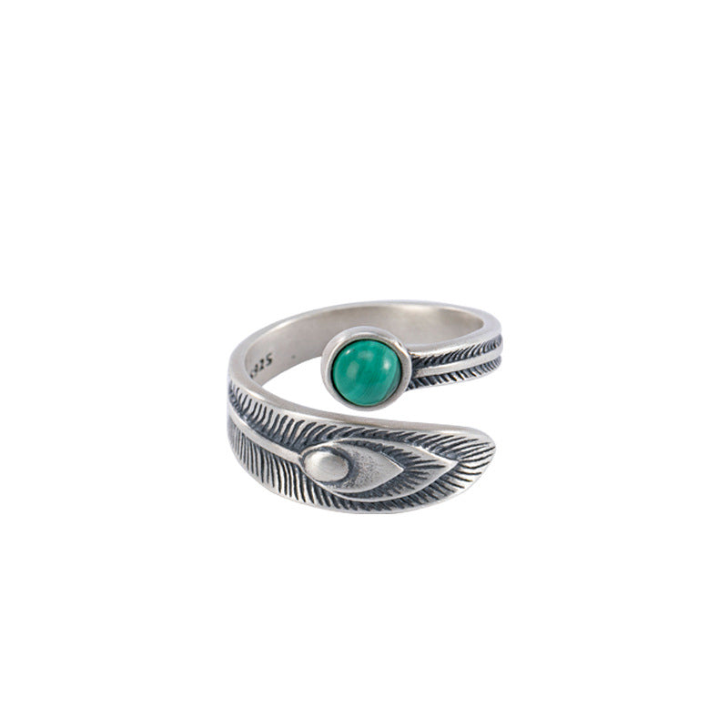 Bague de protection en argent sterling 925 avec motif de plumes et malachite
