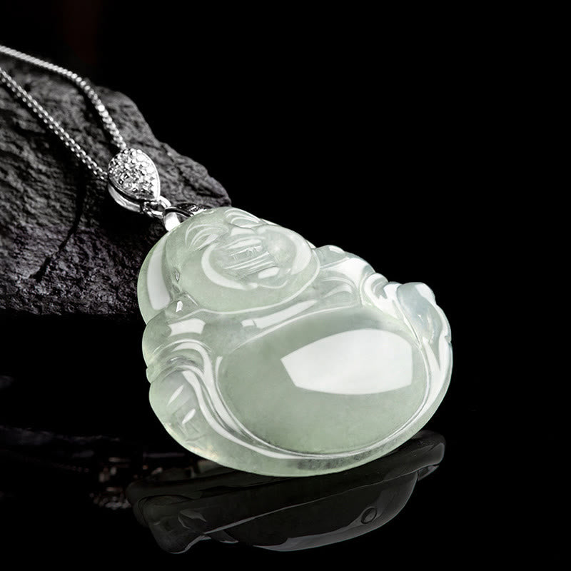 Collier de prospérité en argent sterling 925 et jade naturel avec Bouddha rieur