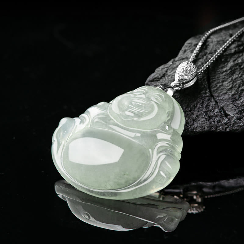 Collier de prospérité en argent sterling 925 et jade naturel avec Bouddha rieur