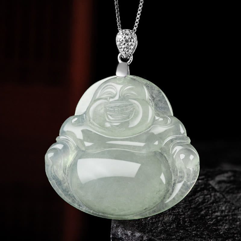 Collier de prospérité en argent sterling 925 et jade naturel avec Bouddha rieur