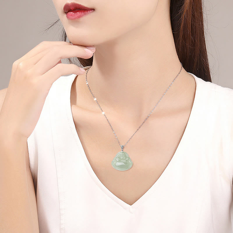 Collier de prospérité en argent sterling 925 et jade naturel avec Bouddha rieur
