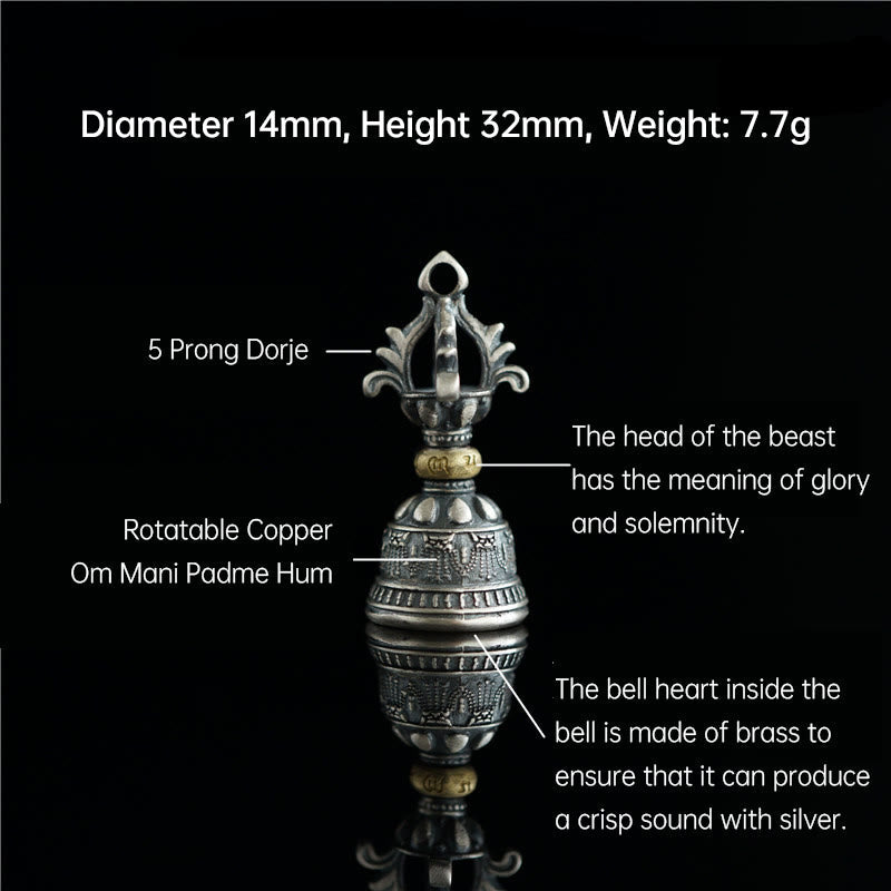 Pendentif cloche Dorje Om Mani Padme Hum en argent sterling 925 | Pouvoir spirituel