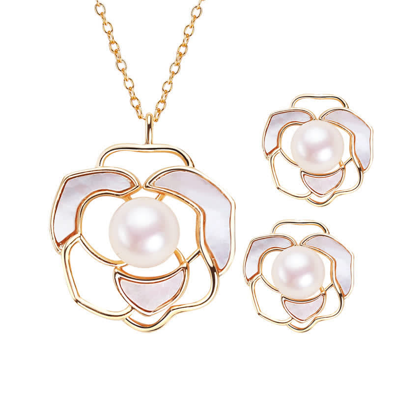 Collier et boucles d'oreilles Happiness en argent sterling 925 avec perles et motif camélia