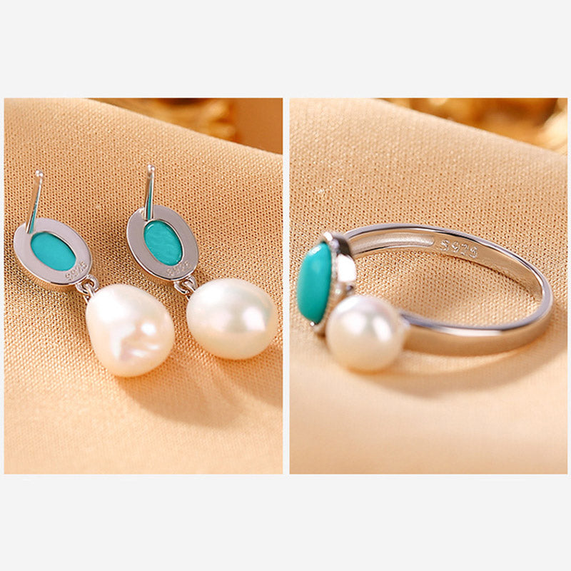 Parure de bijoux en argent sterling 925 avec perles et turquoises