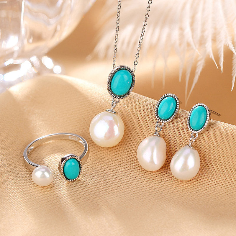 Parure de bijoux en argent sterling 925 avec perles et turquoises