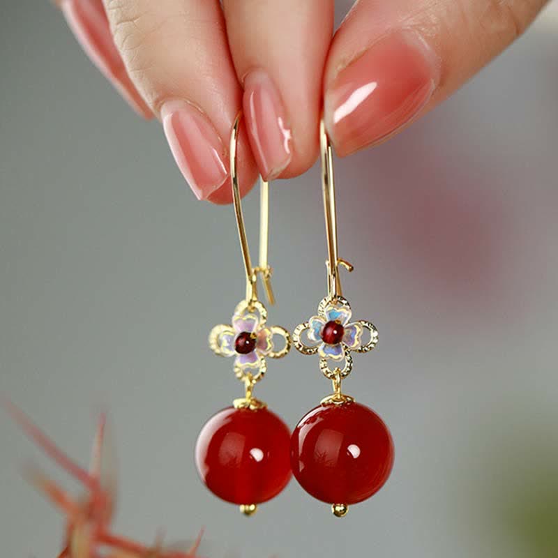 Boucles d'oreilles en argent sterling 925 avec perles en agate rouge et fleur de confiance