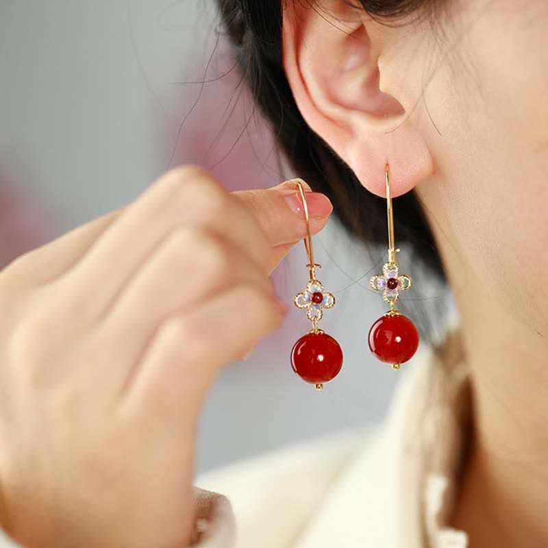 Boucles d'oreilles en argent sterling 925 avec perles en agate rouge et fleur de confiance