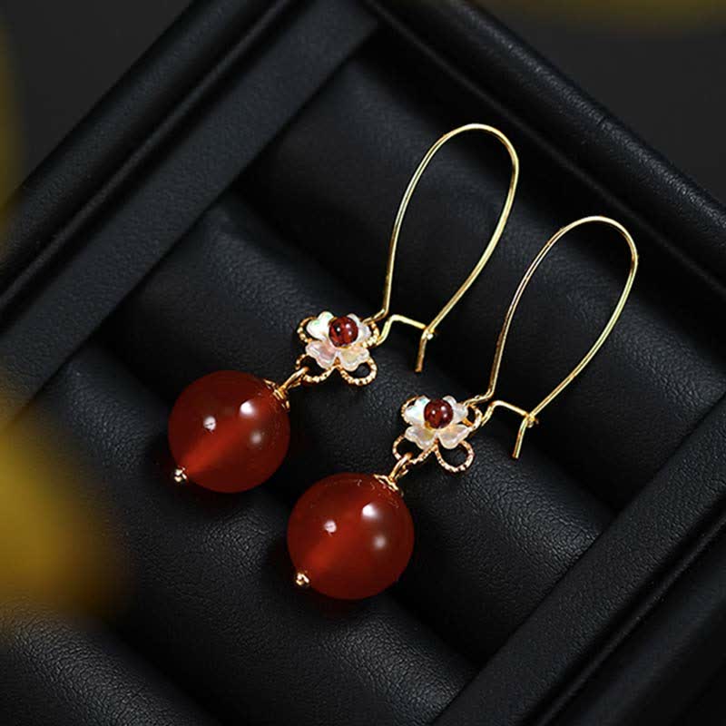 Boucles d'oreilles en argent sterling 925 avec perles en agate rouge et fleur de confiance