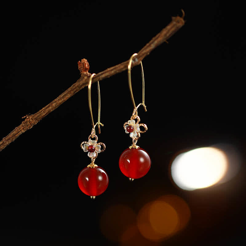 Boucles d'oreilles en argent sterling 925 avec perles en agate rouge et fleur de confiance