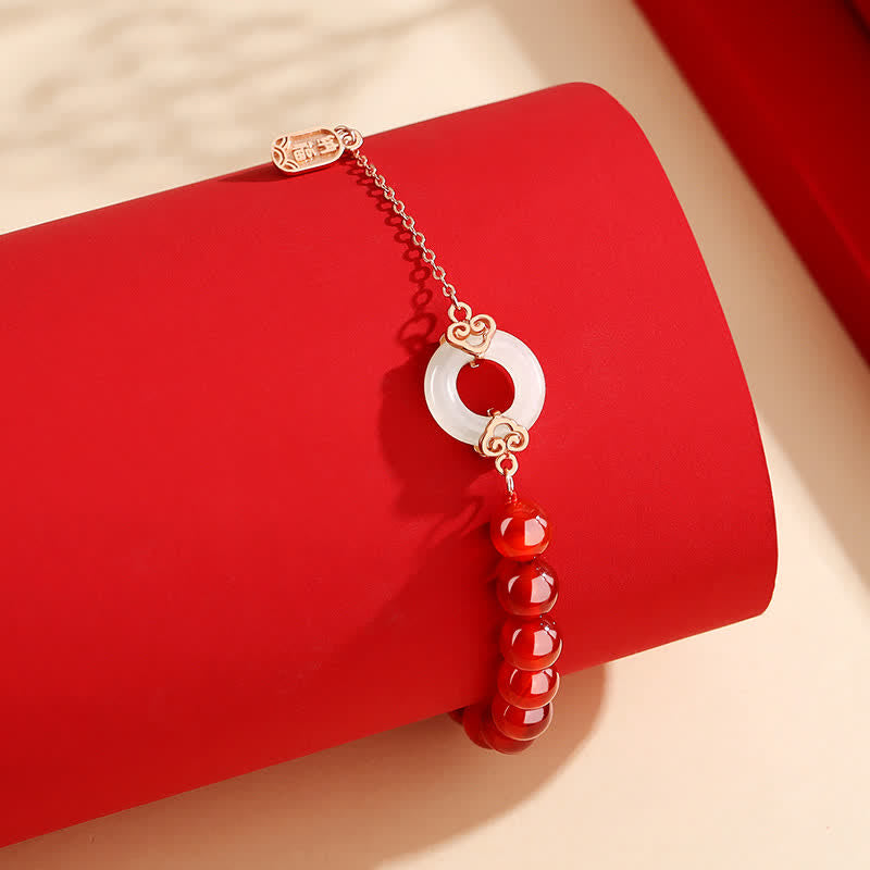 Bracelet en argent sterling 925 avec agate rouge et jade blanc, boucle de paix, pour plus de confiance
