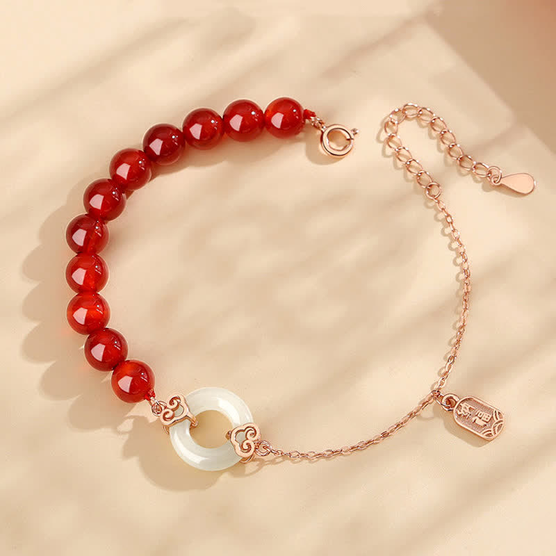 Bracelet en argent sterling 925 avec agate rouge et jade blanc, boucle de paix, pour plus de confiance