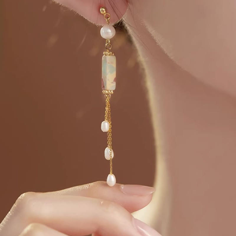 Boucles d'oreilles pendantes en argent sterling 925 avec perles de guérison en pierre de Shoushan