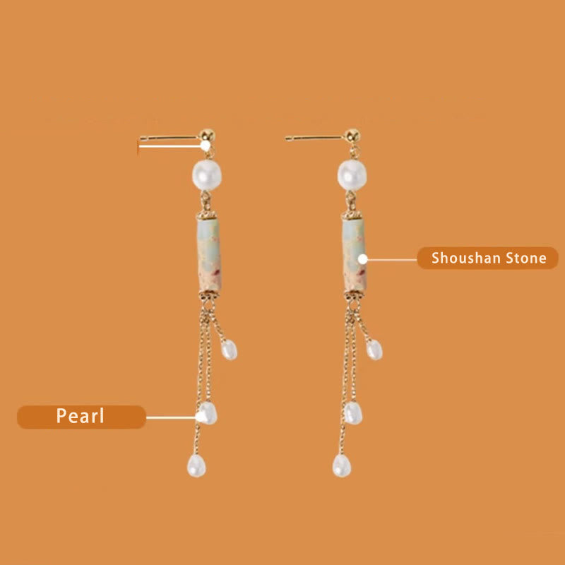 Boucles d'oreilles pendantes en argent sterling 925 avec perles de guérison en pierre de Shoushan