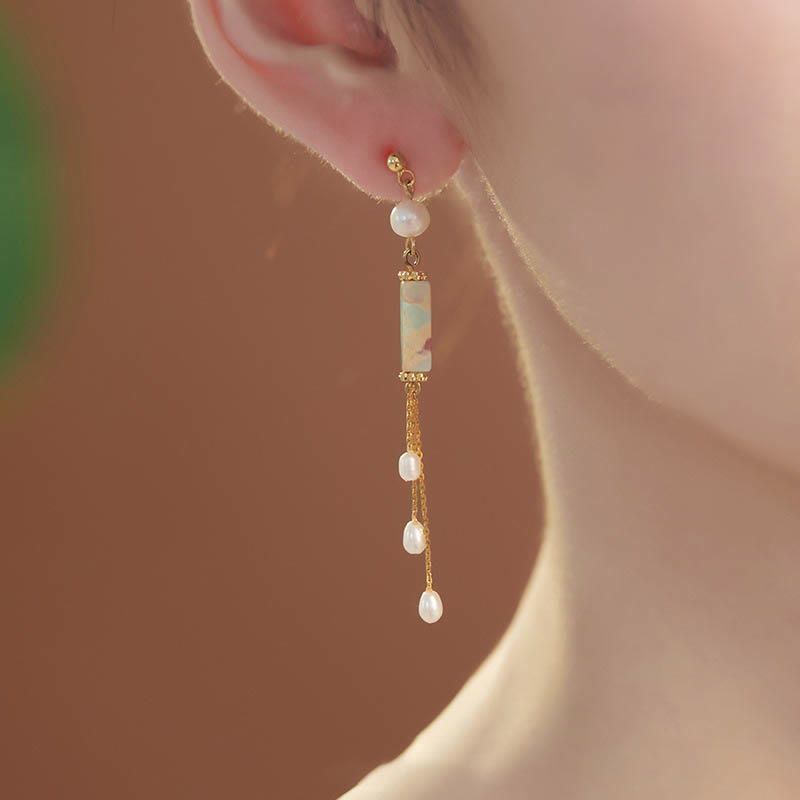 Boucles d'oreilles pendantes en argent sterling 925 avec perles de guérison en pierre de Shoushan