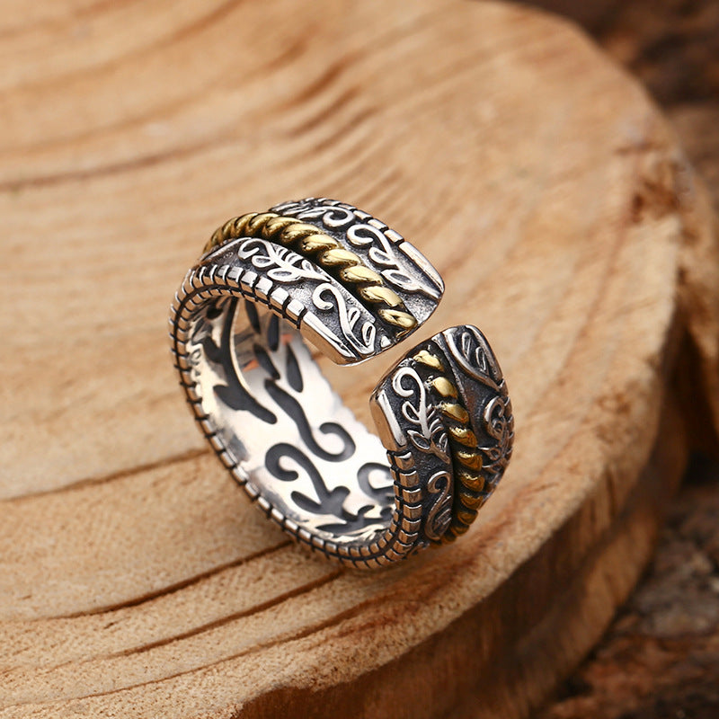Bague ajustable porte-bonheur en argent sterling 925, motif floral de la dynastie Tang