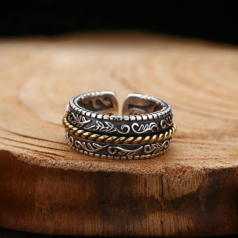 Bague ajustable porte-bonheur en argent sterling 925, motif floral de la dynastie Tang